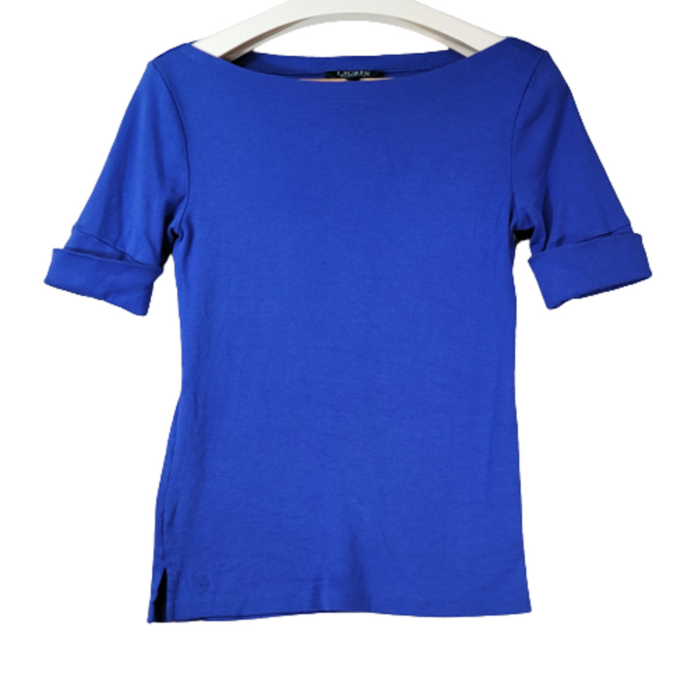 Lauren Ralph Lauren Womens Small Blue Cotton Short Sleeve Knit Top Cuffed
